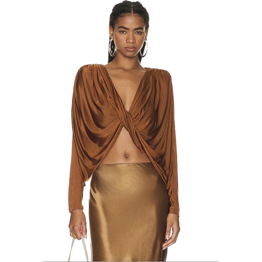 Saint Laurent Copper-Brown Twist Draped Long Sleeve Top